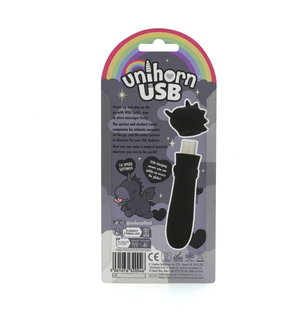 Черная вибропуля Unihorn USB Wild Spirit со стимуляцией язычком (Цвет: черный)