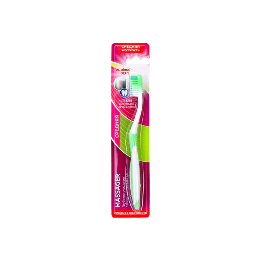 Зубная щетка средней жесткости MASSAGER с массажными щетинками (ассорти 4 цвета), LAIMA DENT, 609318