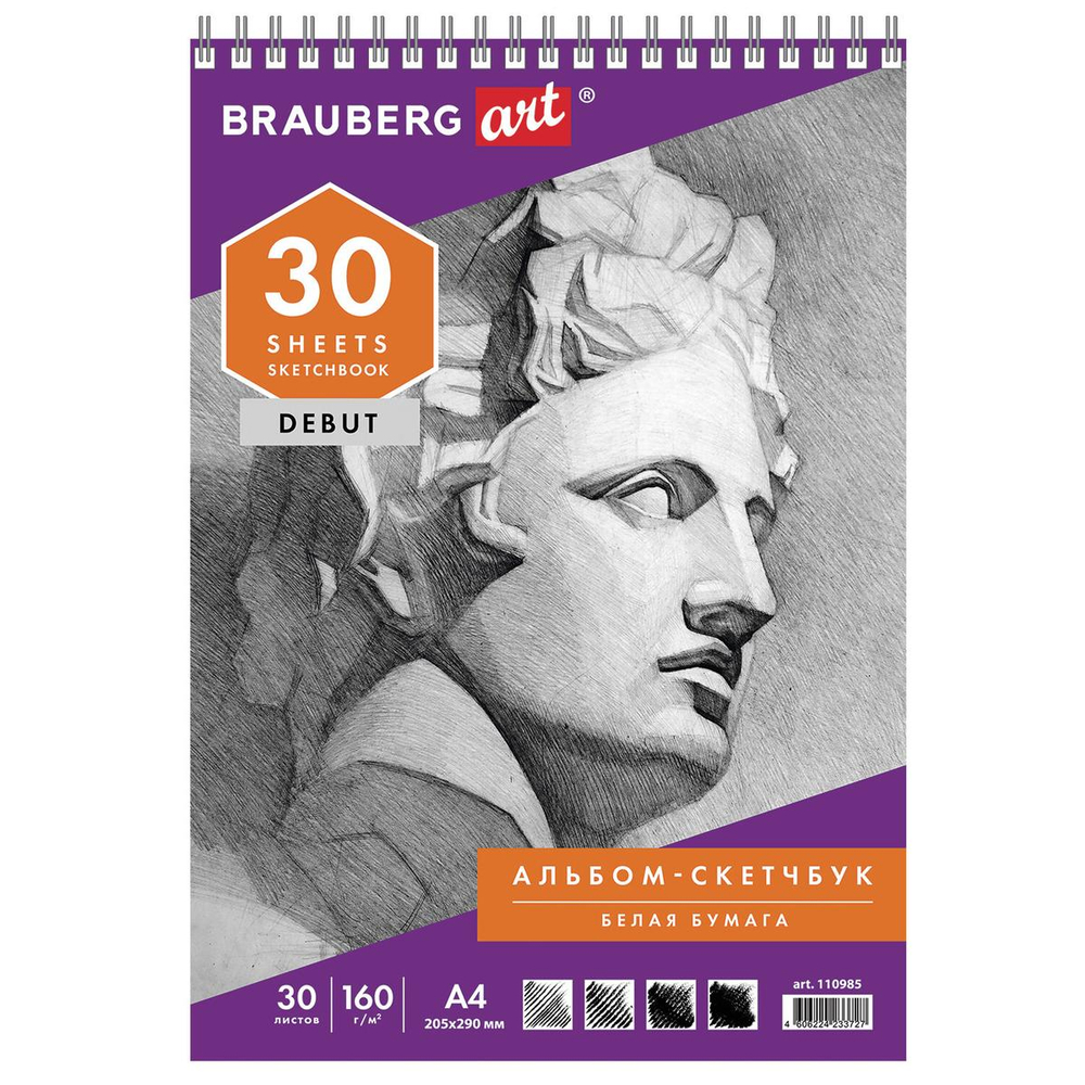 Скетчбук 205х290 мм, 30 л., гребень "DEBUT" (BRAUBERG)
