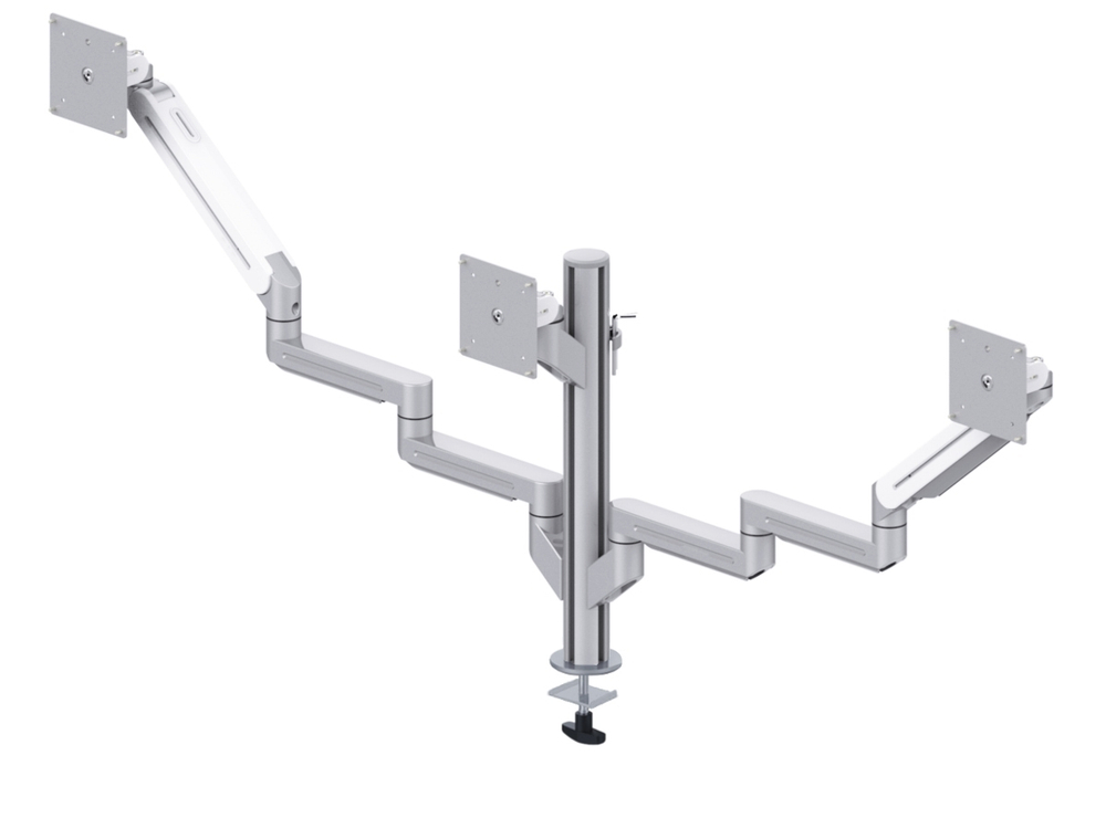 ErgoFount DFS-303TG Настольное крепление для 3 мониторов диагональю до 24'' конфигурации 1х3, два из которых на шарнирных трехколенных вылетах со струбциной к столу типа "G". Цвет - серебристый