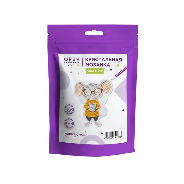 Кристальная (алмазная) мозаика Фрея ALVM-126, магнит, Мышка с чаем, 9.5х10.5 см