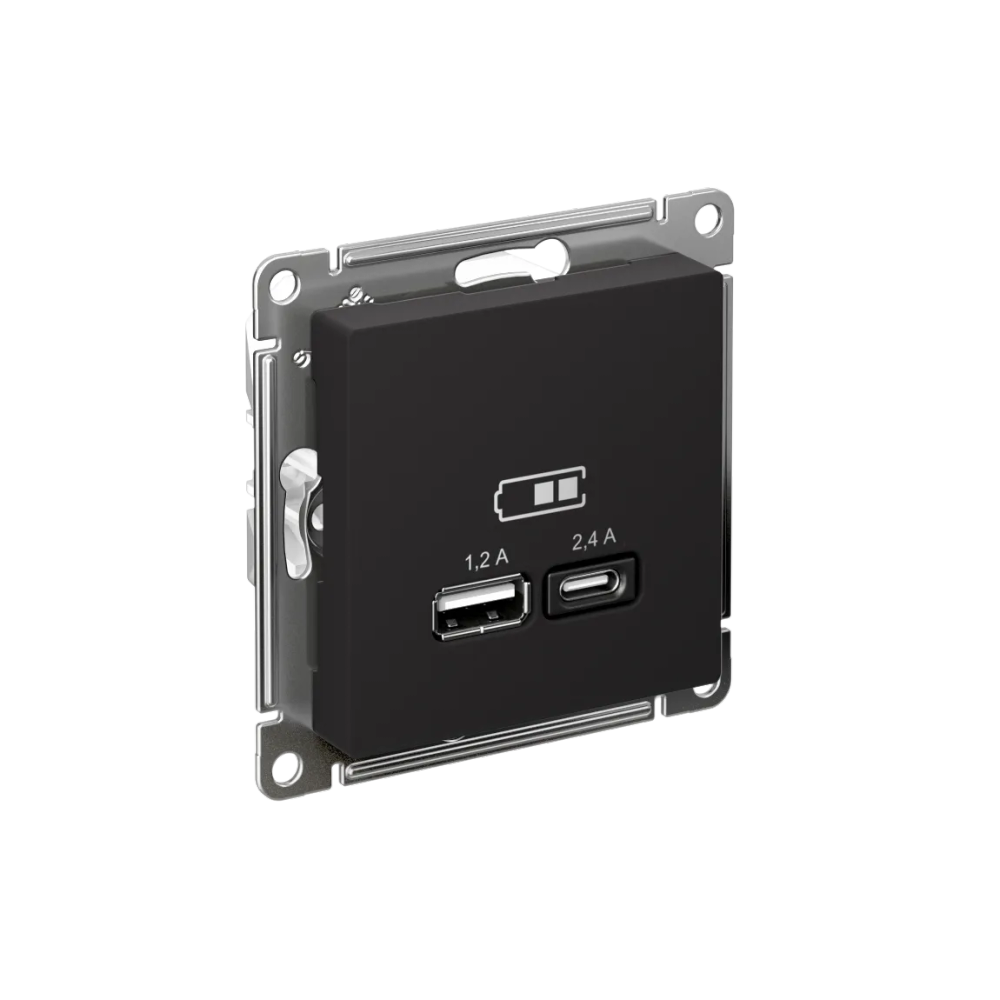 ATLASDESIGN USB РОЗЕТКА А+С, 5В/2,4А, 2х5В/1,2А, механизм, КАРБОН
