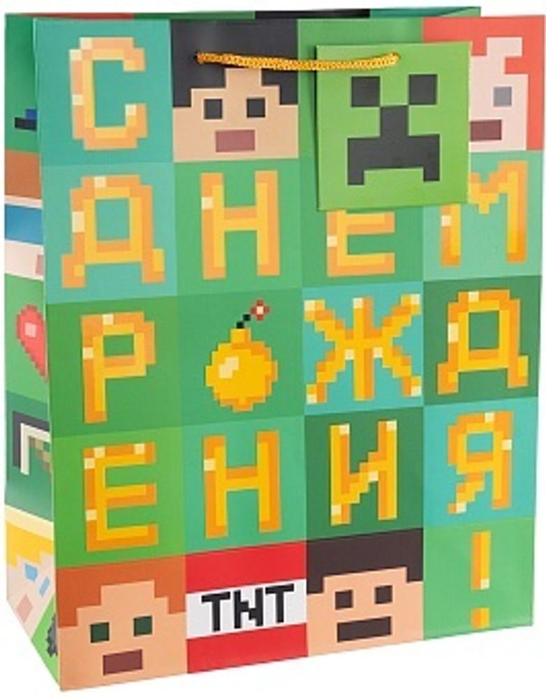 Пакет подарочный Пиксели С Днем Рождения! Лаковый 23*18*10 см.