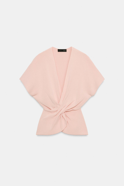 ZARA ТРИКОТАЖНЫЙ ТОП СО СБОРКАМИ, ПАСТЕЛЬНО-РОЗОВЫЙ