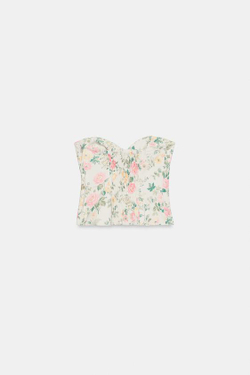 ZARA КОРСЕТ С ЦВЕТОЧНЫМ ПРИНТОМ И ЗАВЯЗКАМИ, ЖЕЛТОВАТО-БЕЛЫЙ