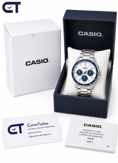 Casio MTP-1374D-7A2 Standard часы наручные мужские — белый циферблат, синие акценты и стальной браслет