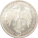 5 марок 1969 (F) Германия (375 лет со дня смерти Герхарда Меркатора) AU серебро