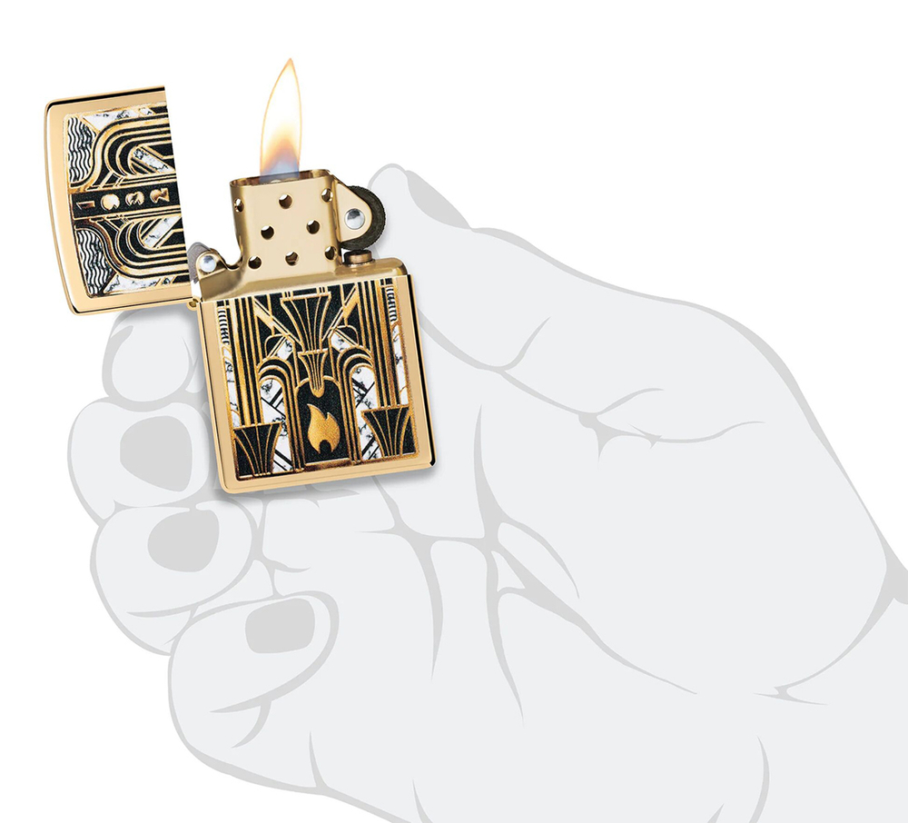 Зажигалка ZIPPO Пламя в стиле ар-деко с покрытием Глянцевая латунь | Art Deco Flame High Polish Bras