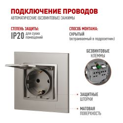 Розетка ЭРА Elegance 14-2103-16 с заземлением 2P+E Schuko со шторками с крышкой 16А-250В титан | Эра Elegance