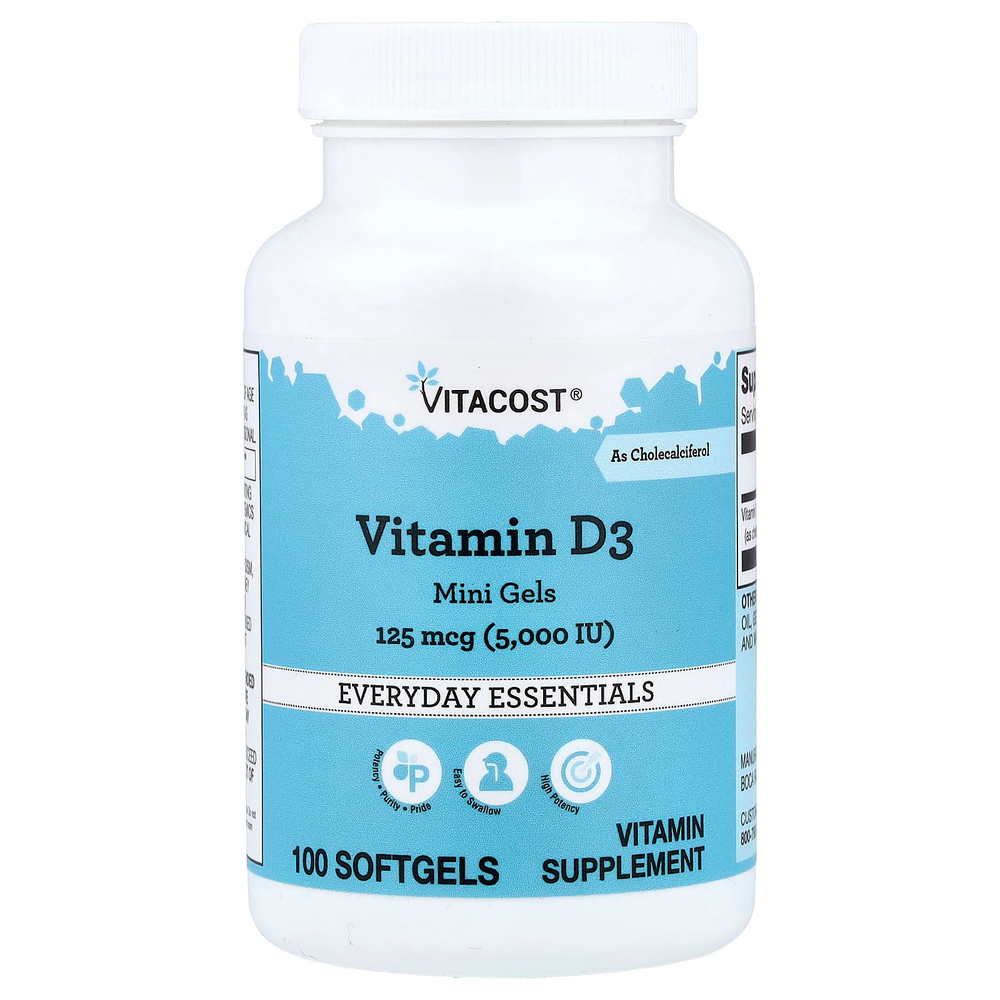 Vitacost, Vitamin D3 Mini Gels, High Potency, 125 mcg (5,000 IU), 100 Softgels