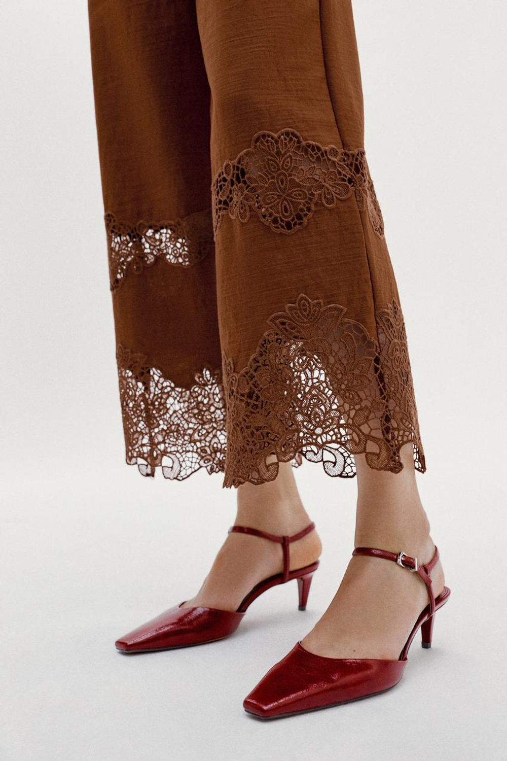 ZARA БРЮКИ С АЖУРНОЙ ВЫШИВКОЙ, КАРАМЕЛЬНЫЙ