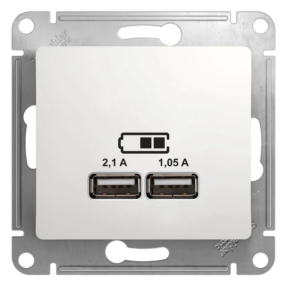 GLOSSA USB РОЗЕТКА A+A, 5В/2,1А, 2х5В/1,05А, механизм, БЕЛЫЙ