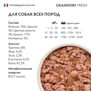 Консервы GRANDORF FRESH для собак, паштет из ягненка с цуккини и цветной капустой