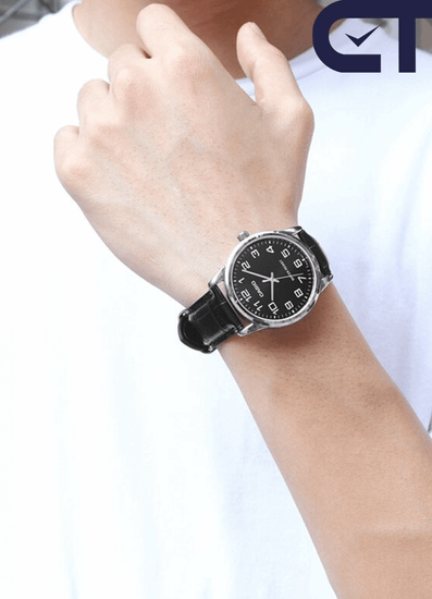 Casio MTP-V001L-1B Standard часы наручные мужские — чёрный циферблат, серебристый корпус и кожаный ремешок