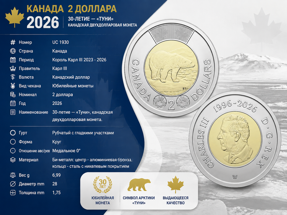 Канада 2 доллара, 2026 30 лет чекана Туни UNC