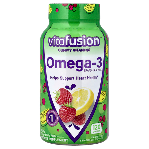 VitaFusion, омега-3, ЭПК, ДГК и АЛК, малиновый лимонад, 120 жевательных таблеток