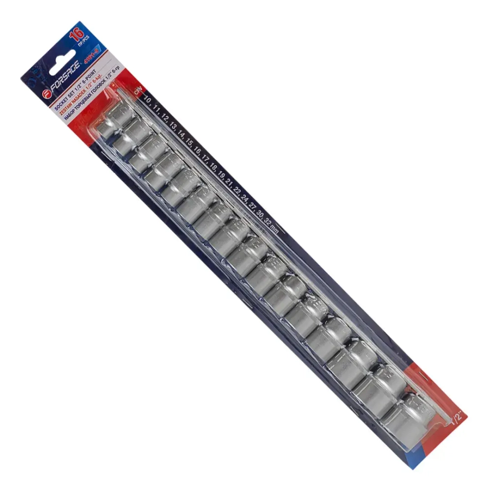 Набор головок 16пр. 1/2''6гр.(10-19,21,22,24,27,30,32мм), на планке Forsage F-4161-5