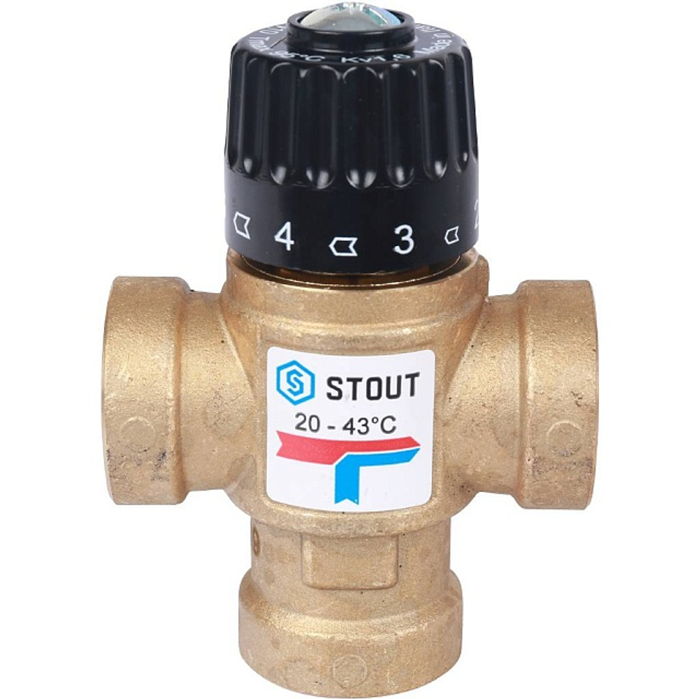 Клапан термостатический смесительный STOUT - 3/4" (ВР, 20-43°C, Kvs 1.6, L-образное смешивание)