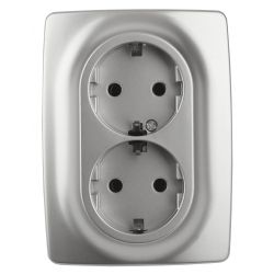 Розетка ЭРА Серия 12 12-2106-03 двойная с заземлением 2X2P+E Schuko 16A-250В IP20 алюминий | Эра 12