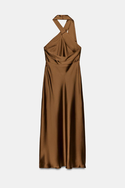 ZARA ПЛАТЬЕ МИДИ ИЗ АТЛАСА, КАРАМЕЛЬНЫЙ