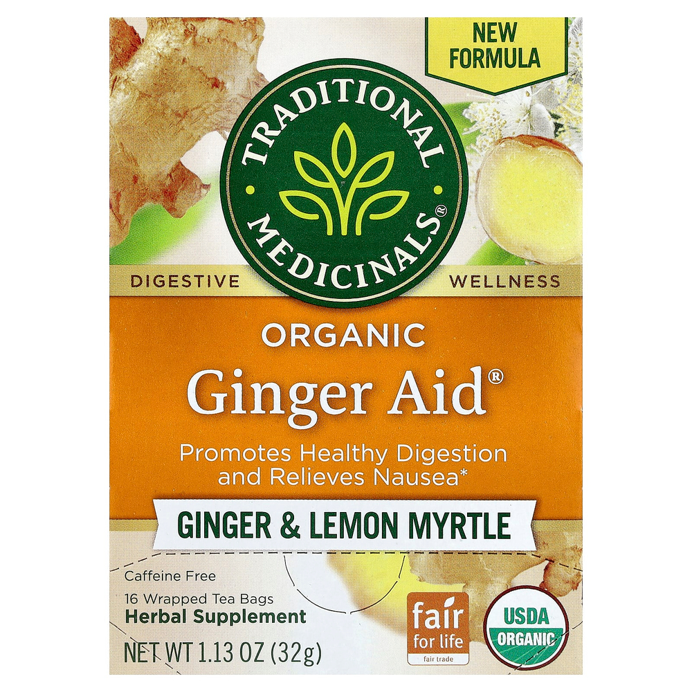 Traditional Medicinals, Organic Ginger Aid®, имбирь и лимонный мирт, без кофеина, 16 чайных пакетиков в упаковке, 32 г (1,13 унции)
