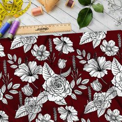 Ткань мембрана рисунок белых роз на бордовом фоне