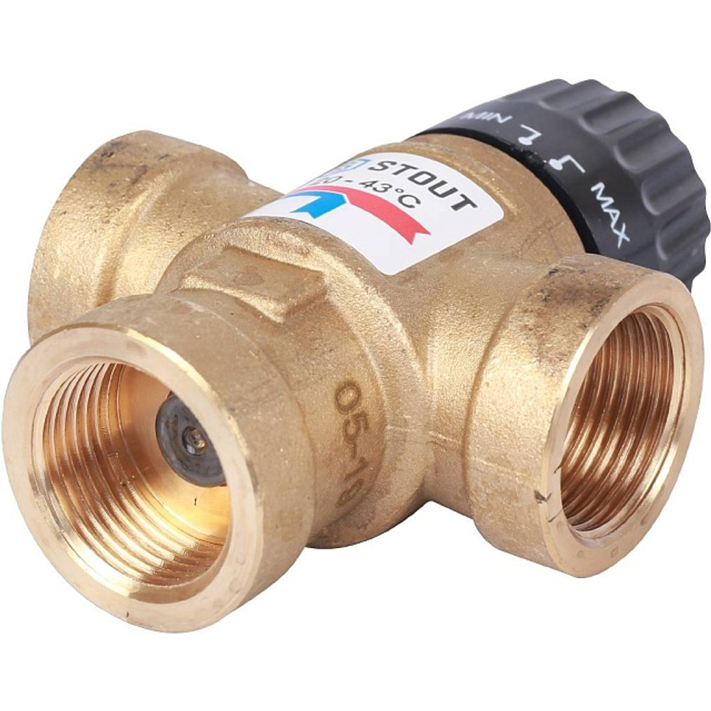 Клапан термостатический смесительный STOUT - 3/4" (ВР, 20-43°C, Kvs 1.6, L-образное смешивание)