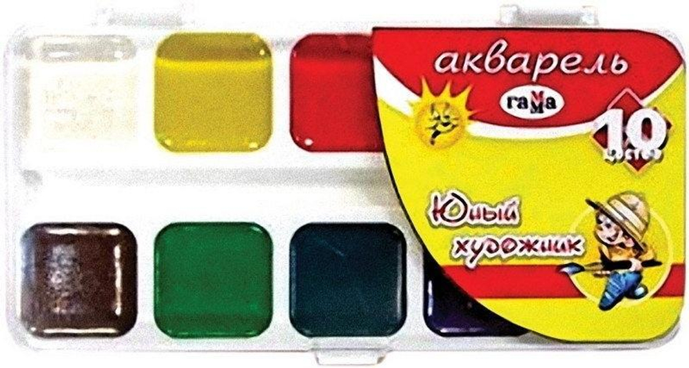 Акварель медовая полусухая "Юный художник" 10 цветов, без кисти, пластик (Гамма)