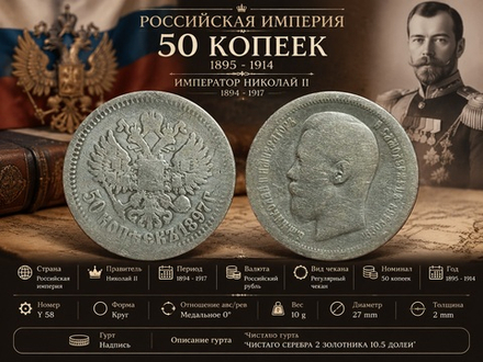 Российская империя 50 копеек, 1897 Николай II F