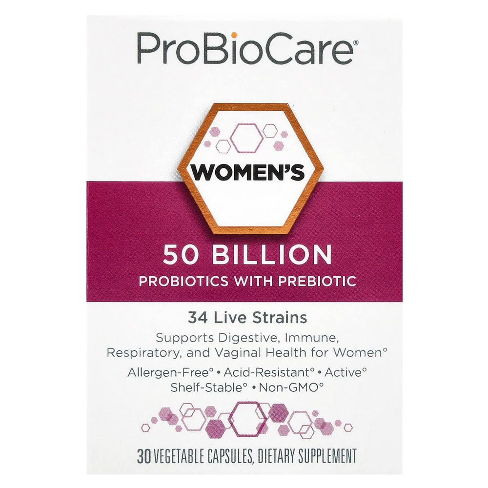 ProBioCare, Пробиотики для женщин с пребиотиками, 50 млрд, 30 растительных капсул