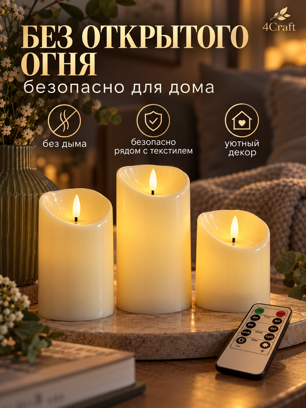 Свечи светодиодные с неподвижным мерцающим фитилем (3 шт) с дистанционным управлением