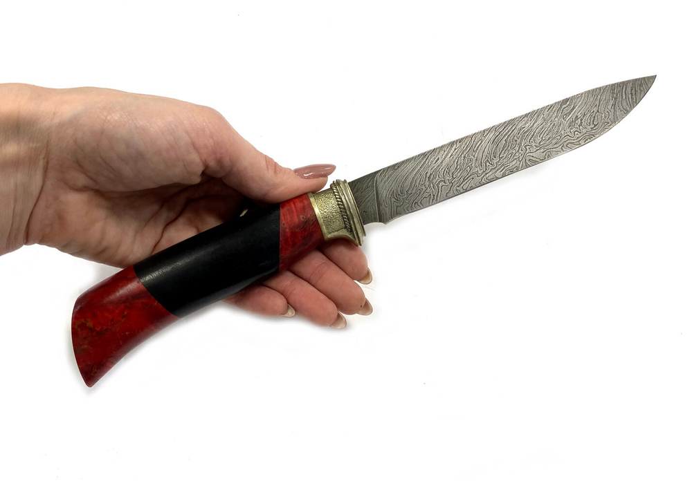 Нож Кочевник, дамасская сталь, граб, карельская береза, мельхиор