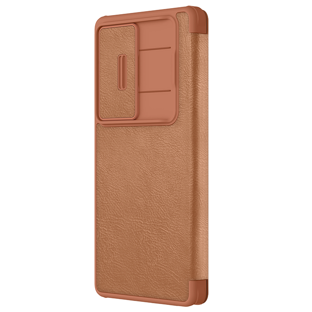 Кожаный чехол книжка коричневого цвета от Nillkin для Samsung Galaxy S25 Ultra, серия Qin Pro Leather с сдвижной защитной шторкой для камеры