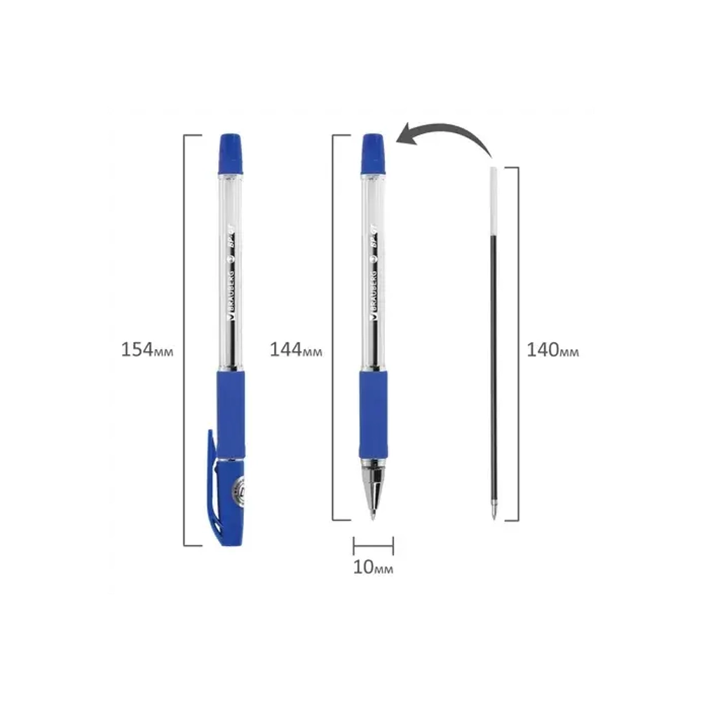 Ручка BRAUBERG BP-GT синяя, корпус прозрачный, евронаконечник 0,7 мм, линия письма 0,35 мм 144004