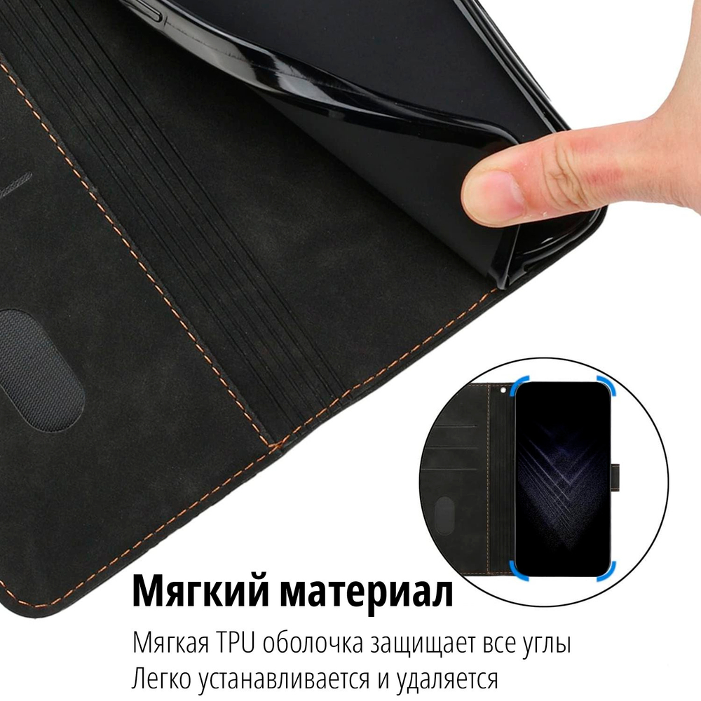 Кожаный чехол-книжка для IPHONE 15 PRO с отделом для наличных, 3 слотами для карт и подставкой