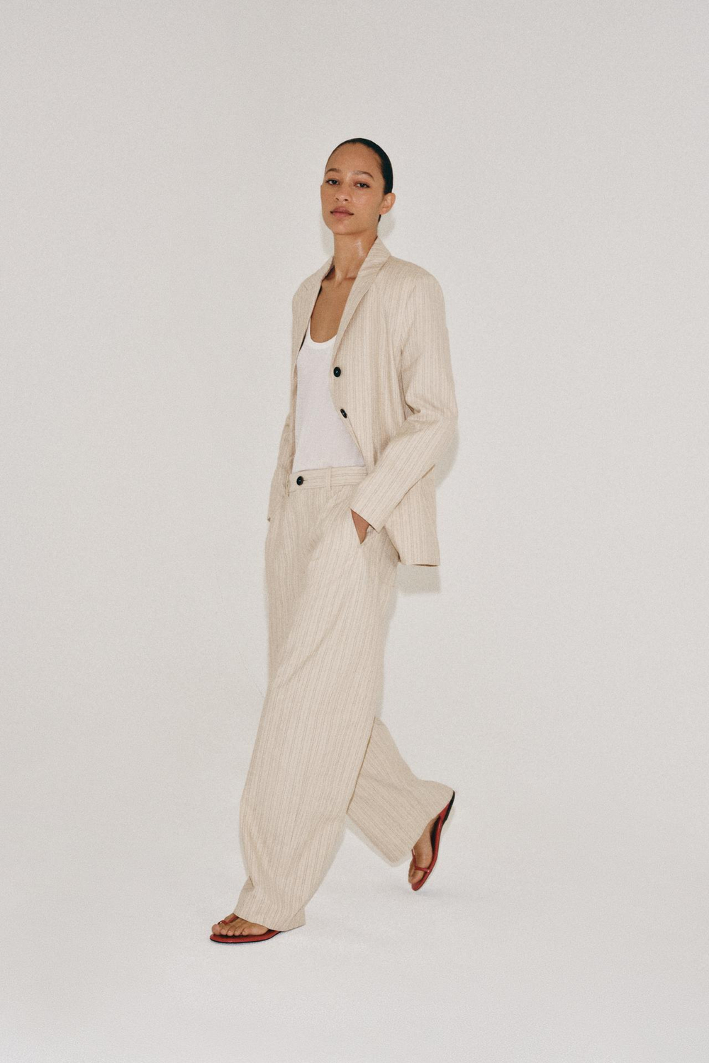 ZARA БРЮКИ В ПОЛОСКУ ИЗ ЛЬНА — ZW COLLECTION, ЭКРЮ/ЧЕРНЫЙ