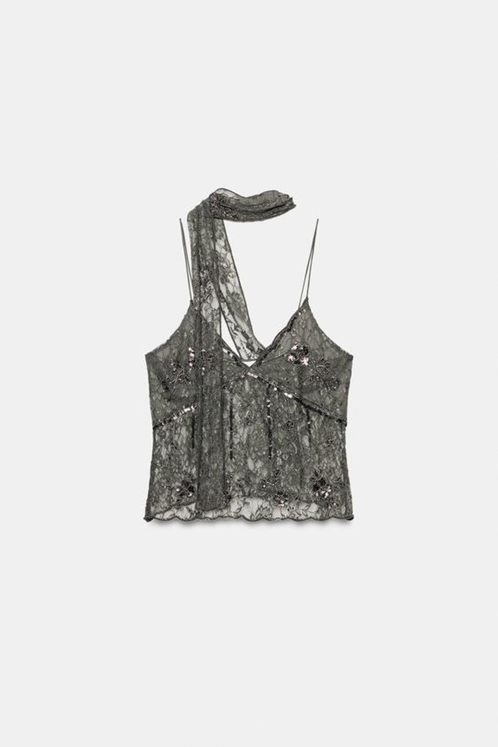 ZARA ТОП С КРУЖЕВОМ, ВЫШИВКОЙ И КОСЫНКОЙ, СЕРЫЙ