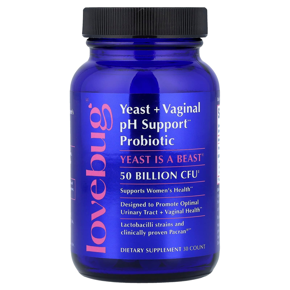 LoveBug Probiotics, дрожжи и пробиотик для поддержки уровня pH влагалища, 50 млрд КОЕ, 30 капсул