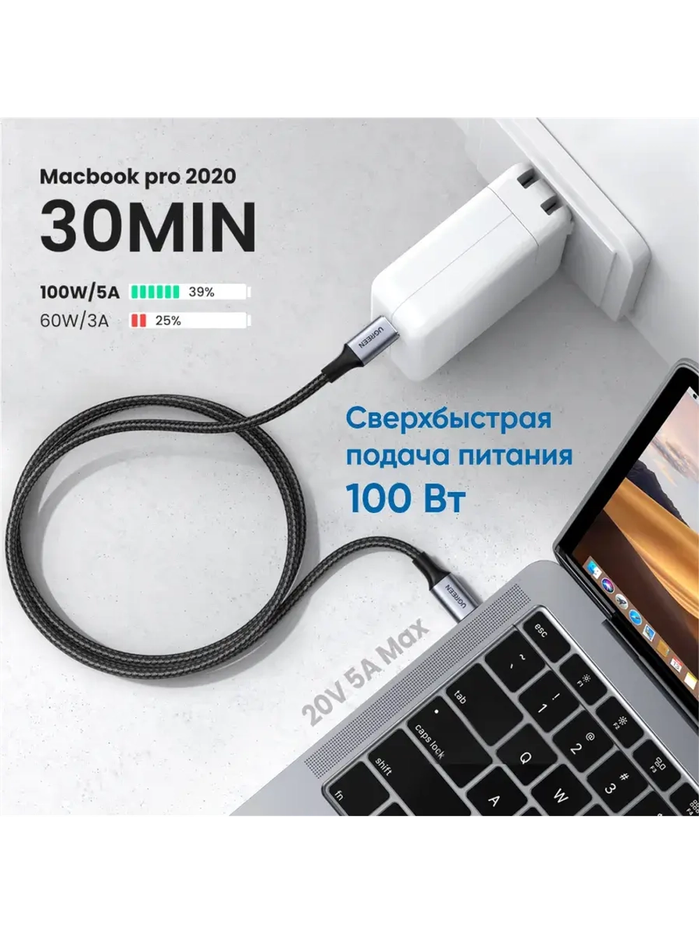 Type C кабель Угрин 100W с быстрой зарядкой для ноутбука