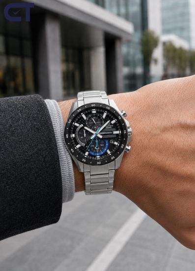 CASIO EQS-920DB-1BVUDF EDIFICE мужские наручные часы — крупный солнечный хронограф с чёрным циферблатом
