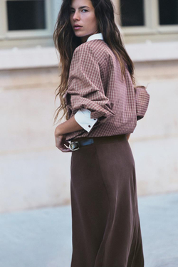 ZARA РУБАШКА В КЛЕТКУ С КОНТРАСТНЫМИ ДЕТАЛЯМИ, ГРАНАТОВЫЙ