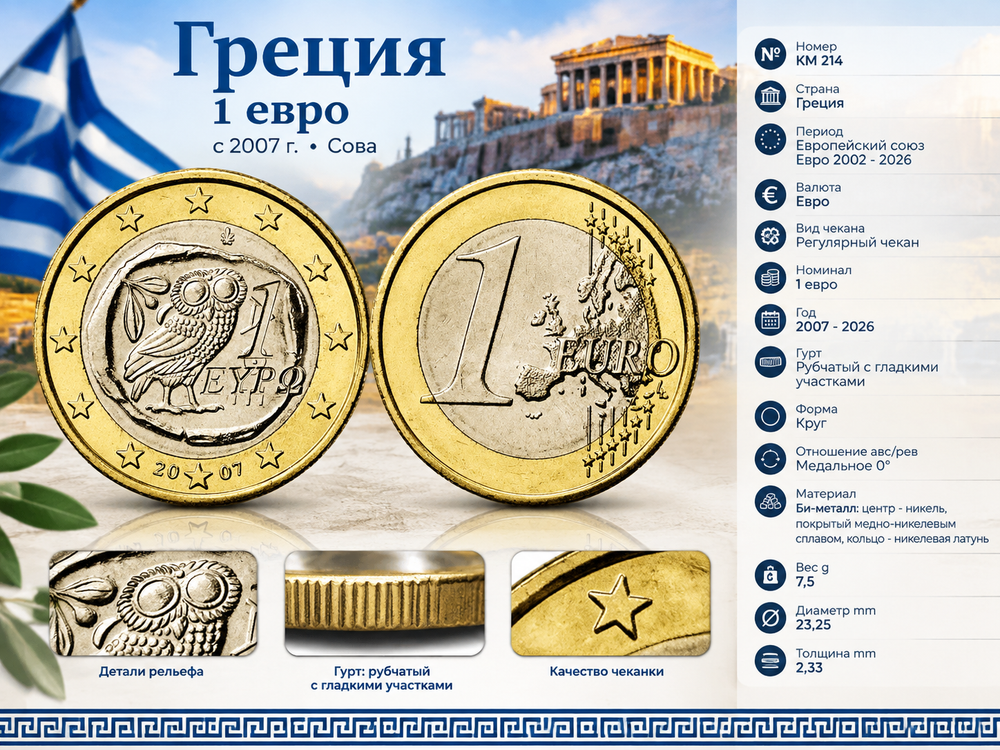 Греция 1 евро, 2007 Сова XF