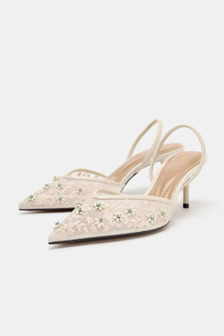 ZARA ТУФЛИ-МЮЛИ ИЗ СЕТЧАТОЙ ТКАНИ С БУСИНАМИ, БЕЛЫЙ