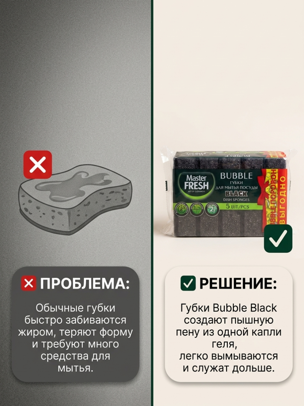 Master FRESH Губки для мытья посуды (bubble-поролон), 5шт. BLACK ВЫГОДНО