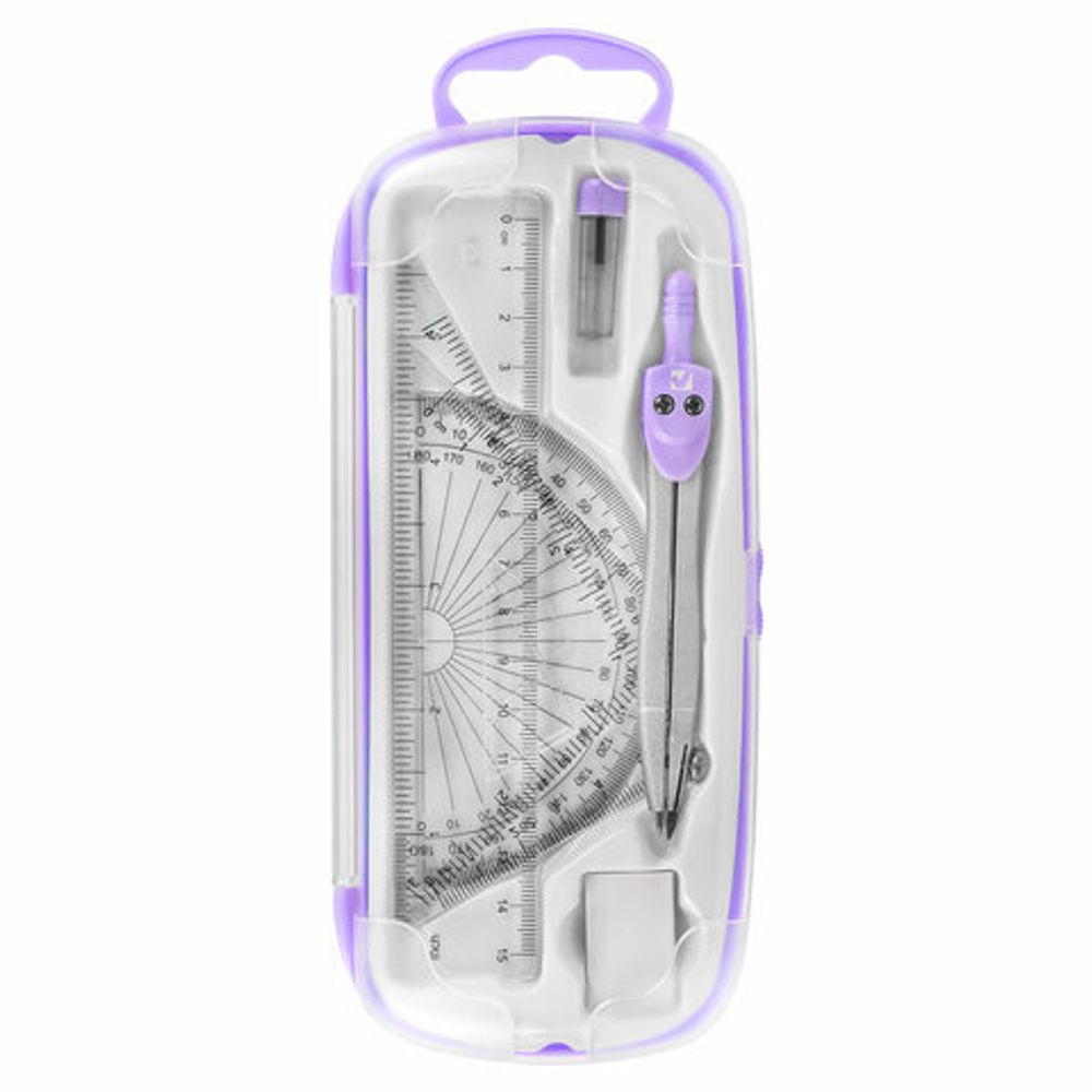 Готовальня BRAUBERG SCHOOL KIT, 8 предметов, циркуль 115 мм, чертежные принадлежности, лавандовый цвет, 210703