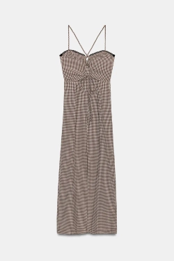 ZARA ПЛАТЬЕ МИДИ В КЛЕТКУ ВИШИ, КОРИЧНЕВЫЙ/ЭКРЮ