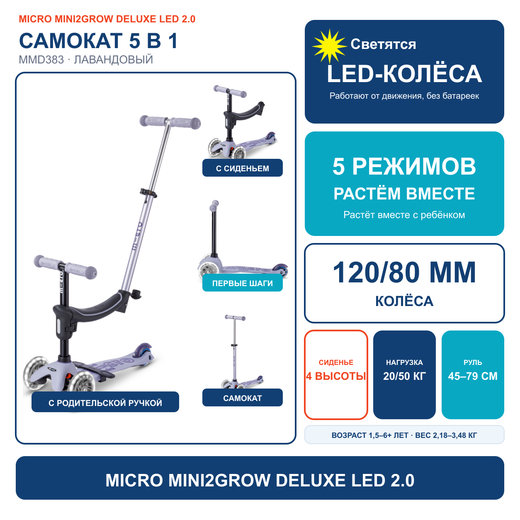 Самокат Micro Mini2Grow Deluxe LED 2.0 лавандовый