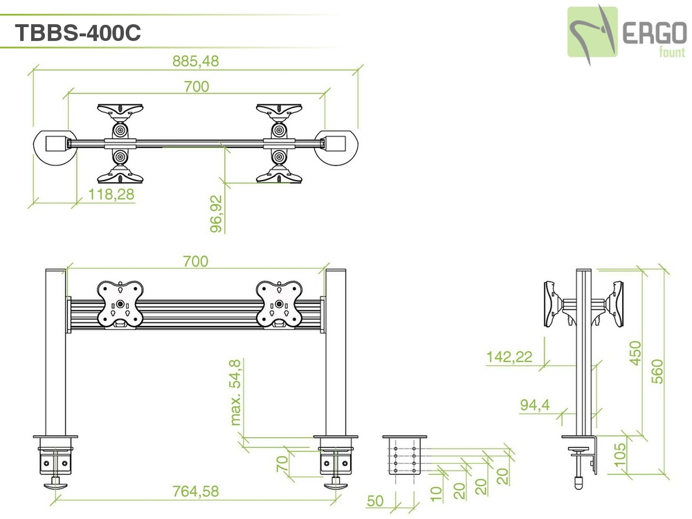 ErgoFount TBBS-400C Настольное крепление back-to-back для 4 мониторов диагональю до 24'' конфигурации 1х2 с зажимом к столу типа "С". Цвет - серебристый