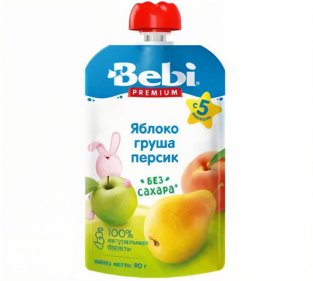 Пюре Bebi Premium 90 г Яблоко,Груша, персик (мяг. упак.)