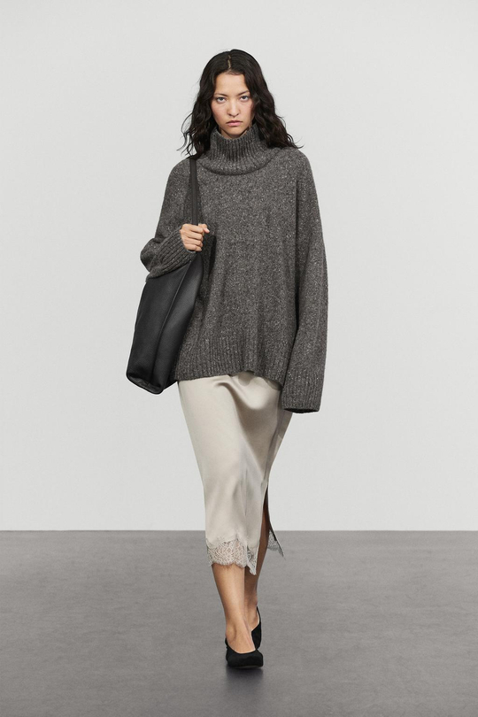 Massimo Dutti Атласная юбка миди с кружевом, жемчужно-серый
